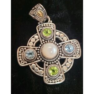 Bali SUARTI Steeling Silver & 18K Moonstone, Topaz, Peridot Gems, Cross Pendant